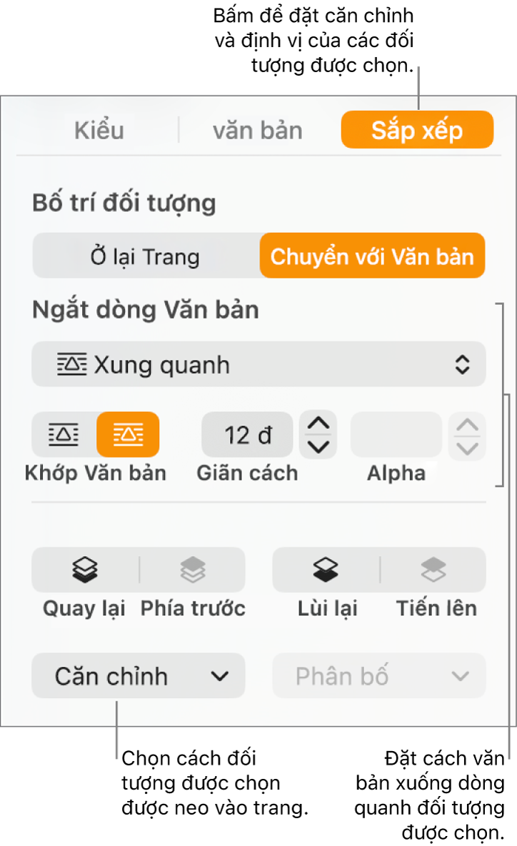 Menu Định dạng với thanh bên Sắp xếp được hiển thị. Cài đặt Thay đối tượng nằm ở đầu thanh bên Sắp xếp, với cài đặt Ngắt dòng văn bản bên dưới.