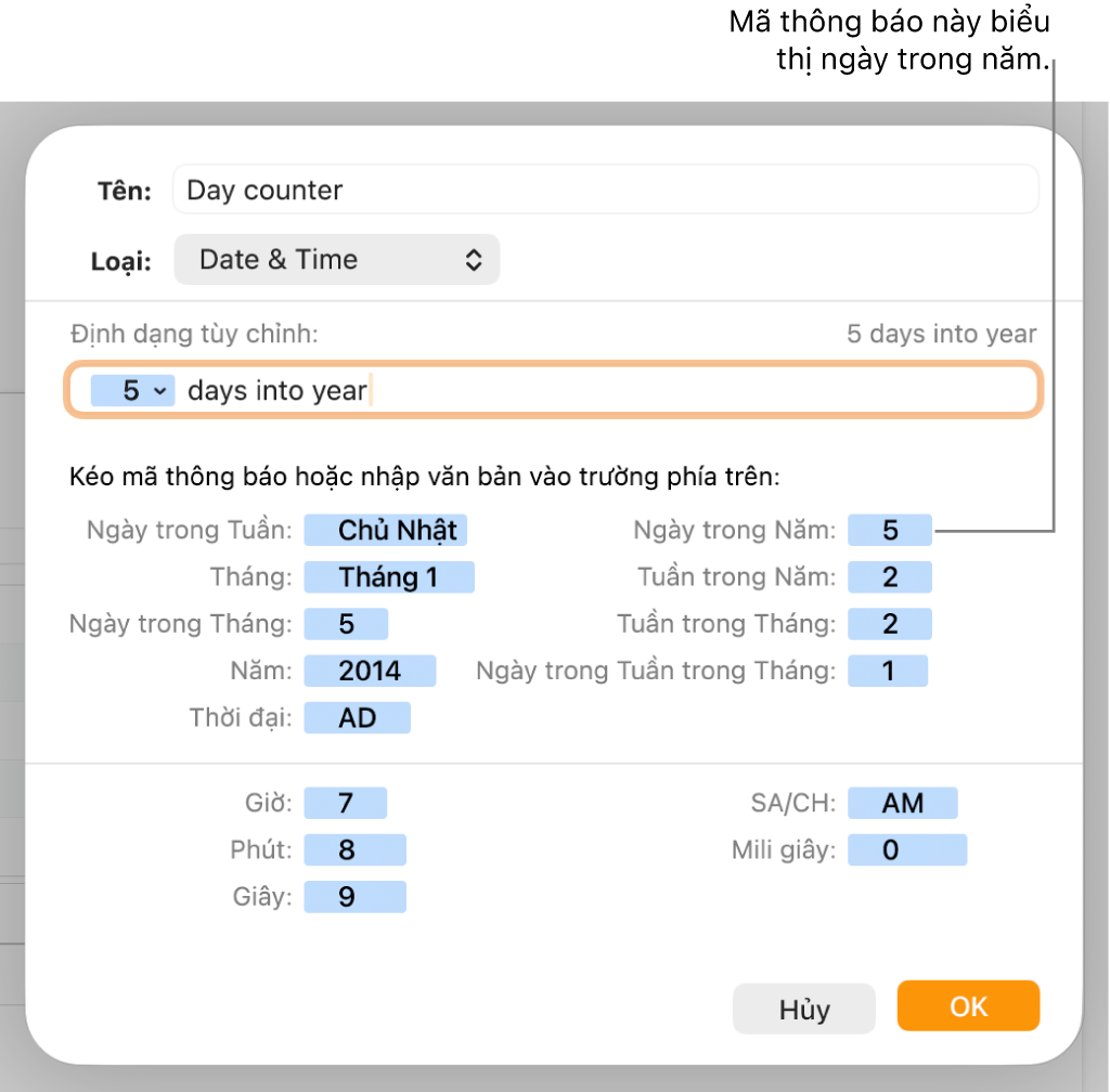 Cửa sổ định dạng ô tùy chỉnh với các điều khiển để chọn định dạng ngày và giờ tùy chỉnh.