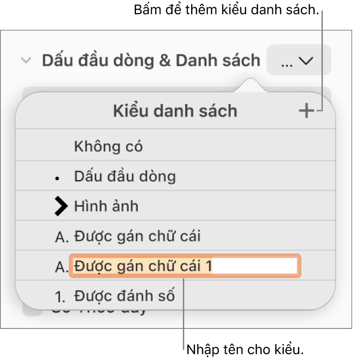 Menu bật lên Kiểu danh sách có nút Thêm ở góc trên cùng bên phải và tên kiểu giữ chỗ với văn bản được chọn.