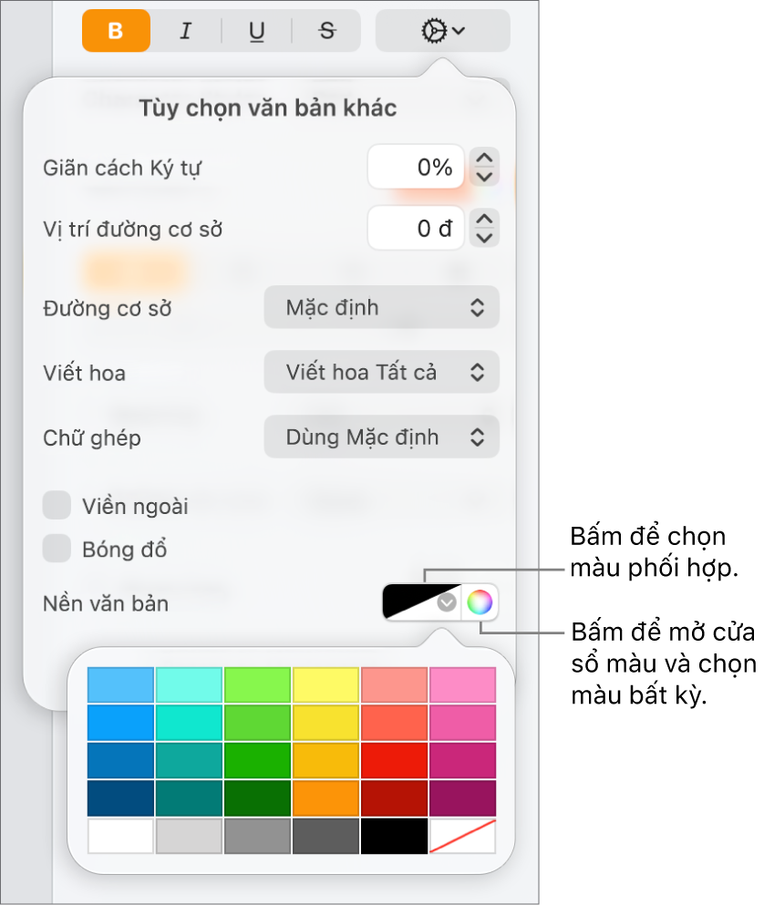 Các điều khiển để chọn màu nền cho văn bản.