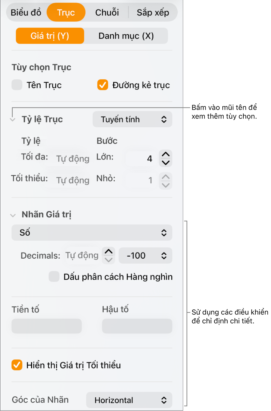 Điều khiển để định dạng các dấu mốc trục của biểu đồ.