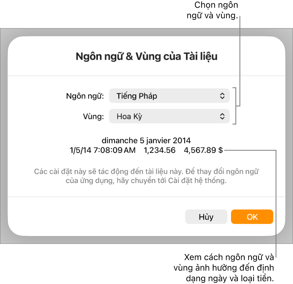 Khung Ngôn ngữ & Vùng với các điều khiển cho ngôn ngữ và vùng và ví dụ về định dạng bao gồm ngày, giờ, phần thập phân và loại tiền.