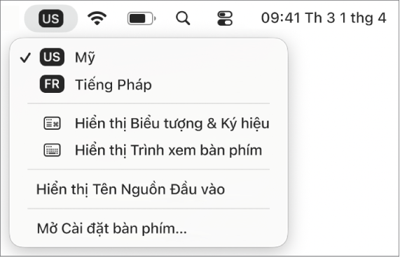 Menu Đầu vào ở góc phía trên bên phải của thanh menu.