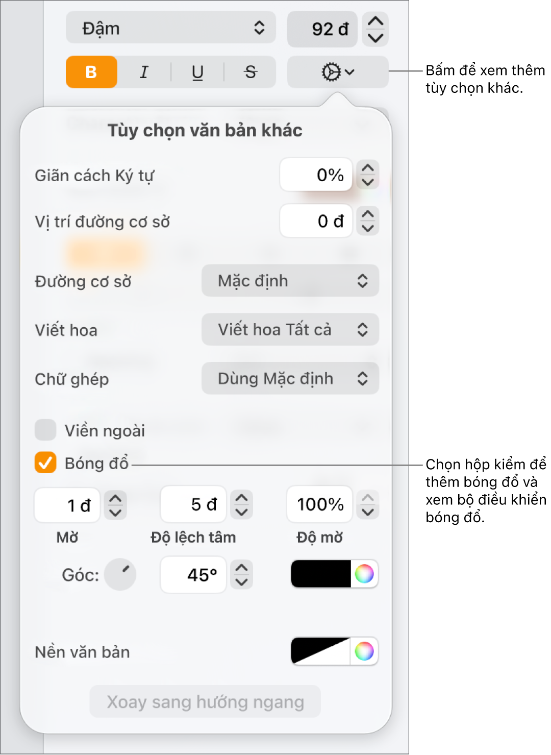 Menu Tùy chọn nâng cao mở với hộp kiểm Bóng đổ được chọn và các điều khiển để đặt độ mờ, độ bù, độ trong suốt, góc và màu.
