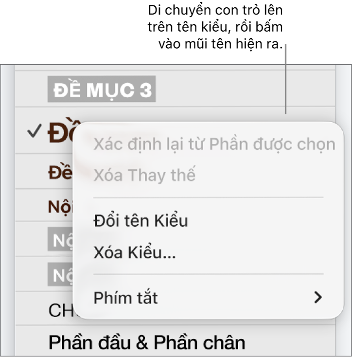 Menu Kiểu đoạn với menu phím tắt mở.