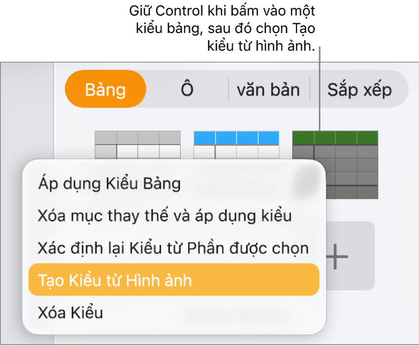 Menu phím tắt kiểu bảng.