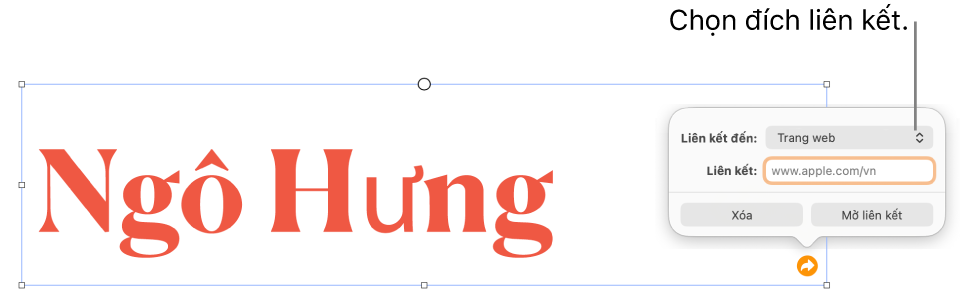 Các điều khiển của trình sửa liên kết với Trang web được chọn và các nút Xóa và Mở liên kết nằm ở cuối.
