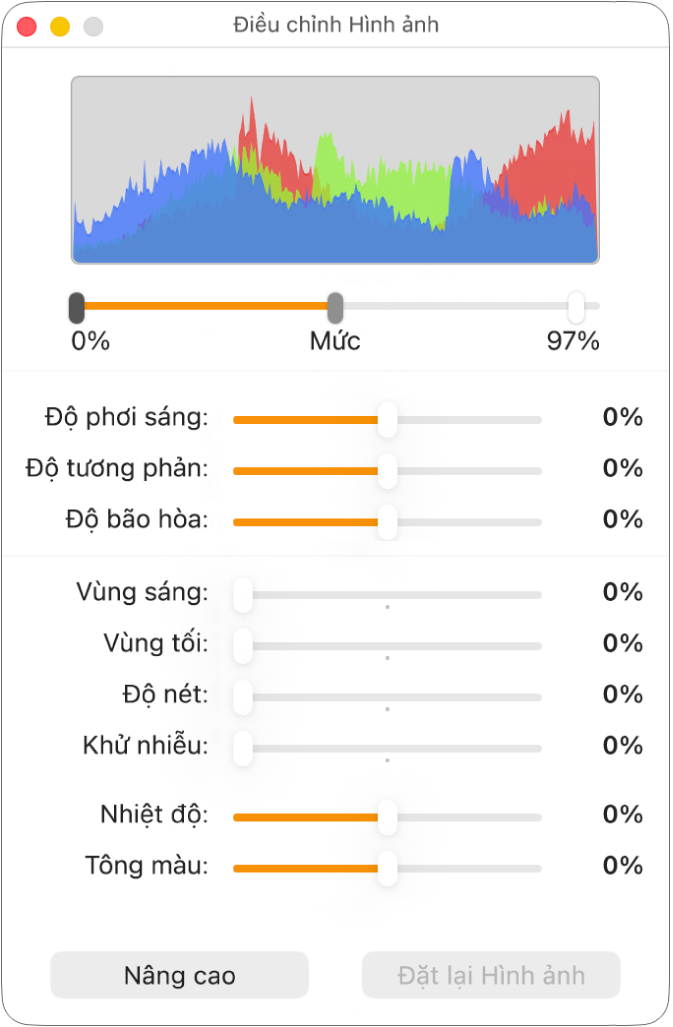 Cửa sổ Điều chỉnh hình ảnh với các thanh trượt để đặt độ phơi sáng, độ tương phản, độ bão hòa, vùng tô sáng, bóng đổ, độ nét, khử nhiễu, nhiệt độ và tông màu.