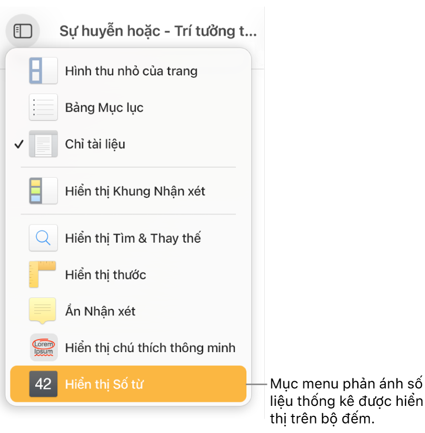 Menu Xem mở ra với Hiển thị số lượng ký tự gần dưới cùng.