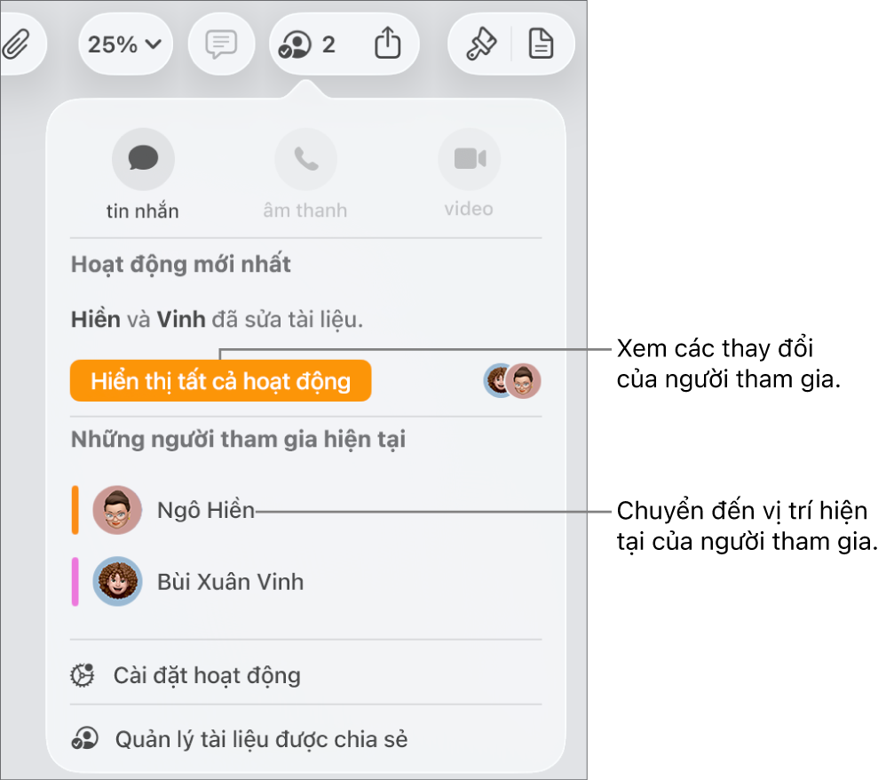 Menu cộng tác có hai người tham gia hiện tại được liệt kê.
