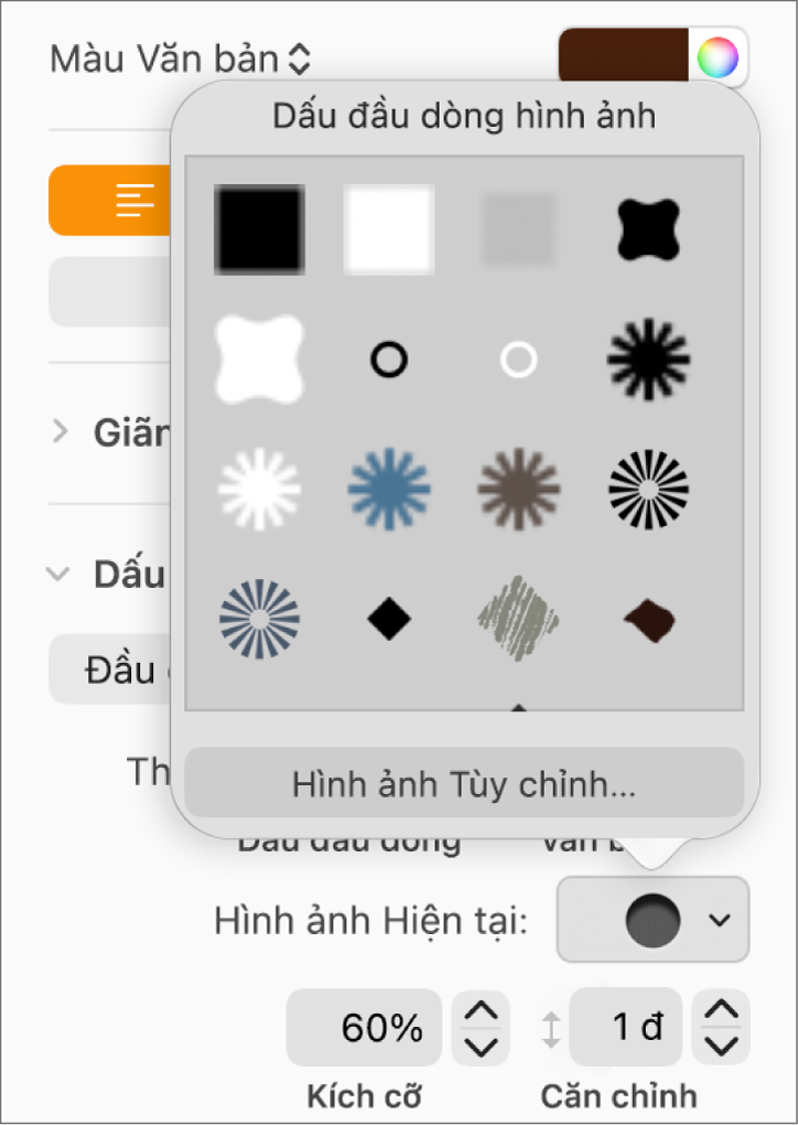 Menu bật lên Đầu dòng hình ảnh.