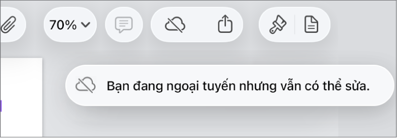Các nút ở đầu màn hình, với nút Cộng tác được thay đổi thành đám mây với đường chéo xuyên qua. Cảnh báo trên màn hình cho biết “Bạn đang ngoại tuyến nhưng vẫn có thể sửa”.