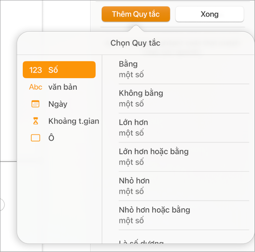 Các nút để tạo các quy tắc tô sáng ô khác.