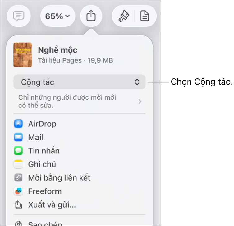 Menu Chia sẻ với Cộng tác được chọn ở trên cùng và các cài đặt quyền truy cập và quyền ở bên dưới.