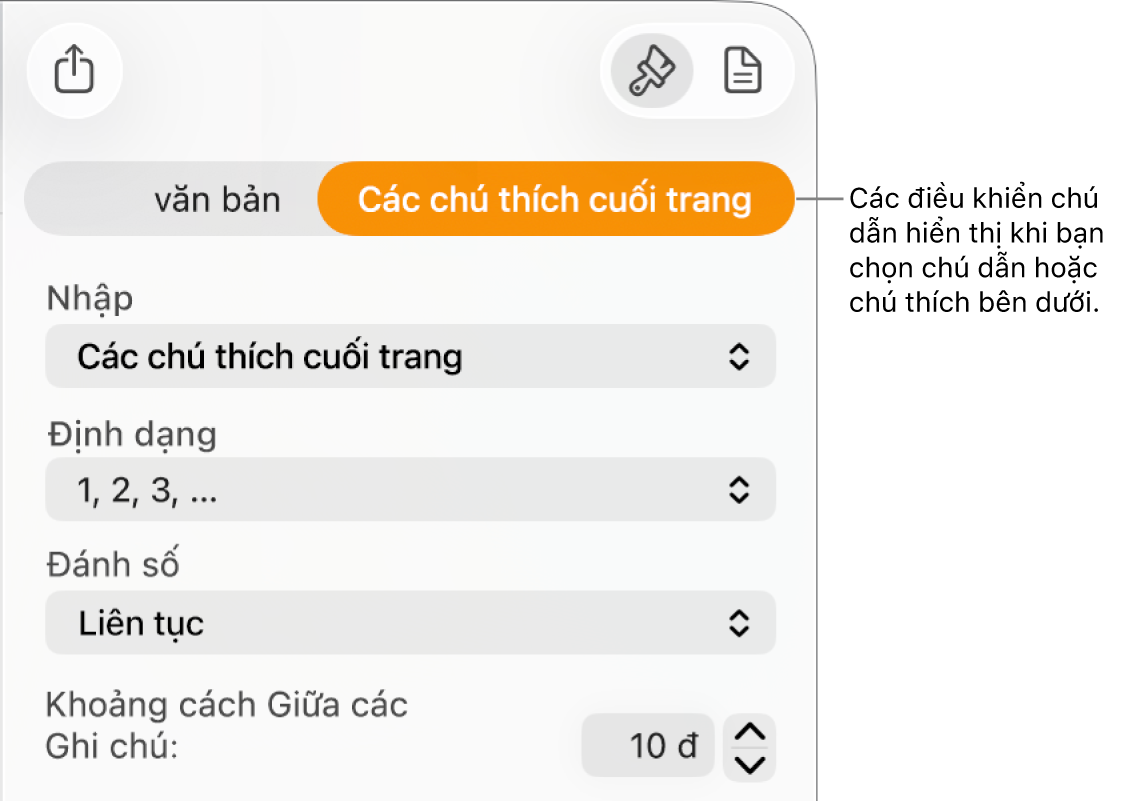 Khung Chú thích cuối trang đang hiển thị các menu bật lên cho Loại, Định dạng, Đánh số và khoảng cách giữa các ghi chú.