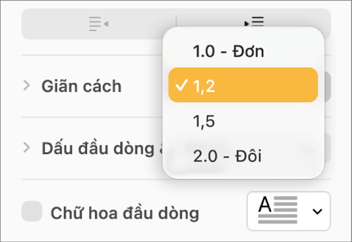 Menu bật lên Giãn cách với Đơn, Đôi và các tùy chọn khác.
