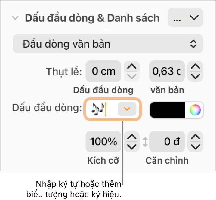 Phần Dấu đầu dòng & Danh sách của thanh bên Định dạng. Trường Đầu dòng hiển thị một biểu tượng bông hoa.