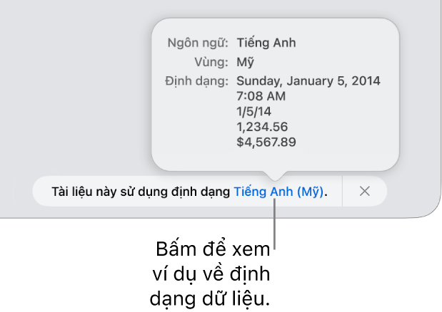 Thông báo về cài đặt ngôn ngữ và vùng khác, đang hiển thị các ví dụ về định dạng trong ngôn ngữ và vùng đó.