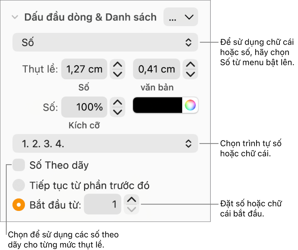 Các điều khiển để thay đổi kiểu số và khoảng cách của danh sách.