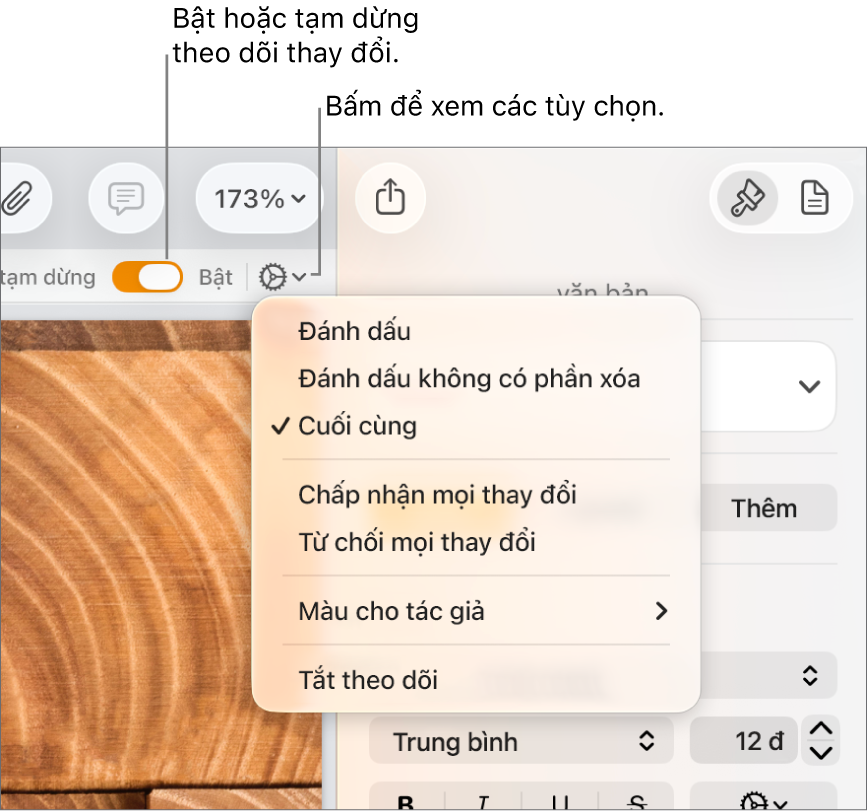 Menu tùy chọn theo dõi hiển thị Tắt theo dõi ở cuối và các lời nhắc đến nút Bật theo dõi và Tạm dừng.