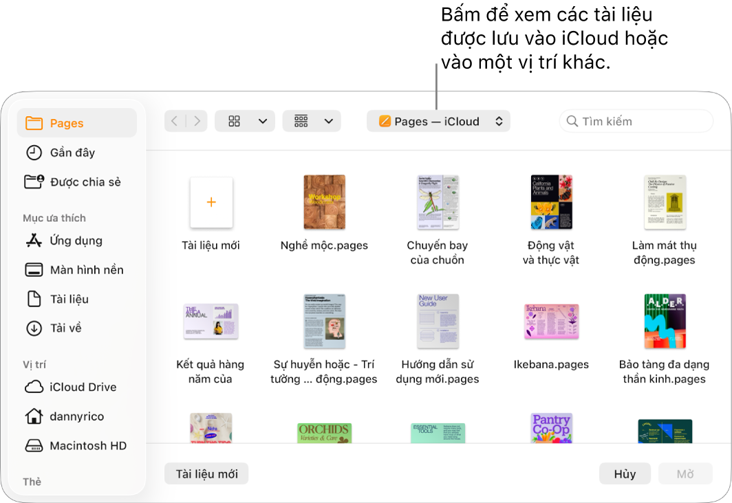 Hộp thoại Mở với thanh bên mở ở bên trái và iCloud Drive được chọn trong menu bật lên ở đầu. Thư mục Pages xuất hiện trong hộp thoại, cùng với nút Tài liệu mới.