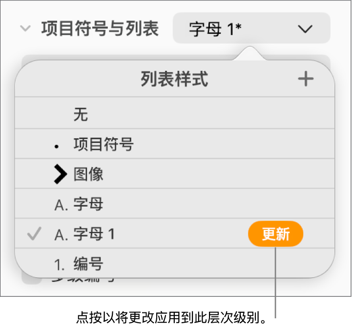新样式的名称旁边具有“更新”按钮的“列表样式”弹出式菜单。