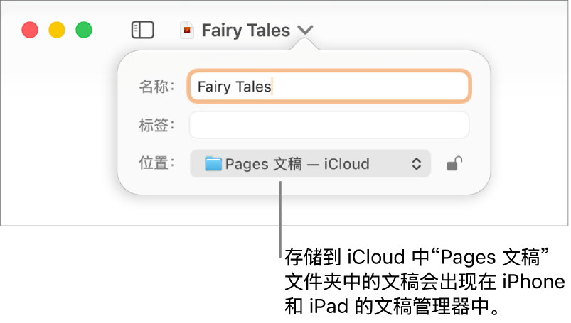 在“地点”弹出式对话框中选择“Pages 文稿— iCloud”的文稿的“保存”对话框。