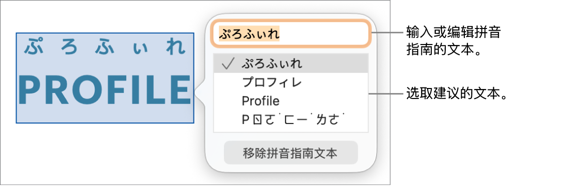 打开的拼音指南,字词的文本栏和建议的文本栏带有标注框。