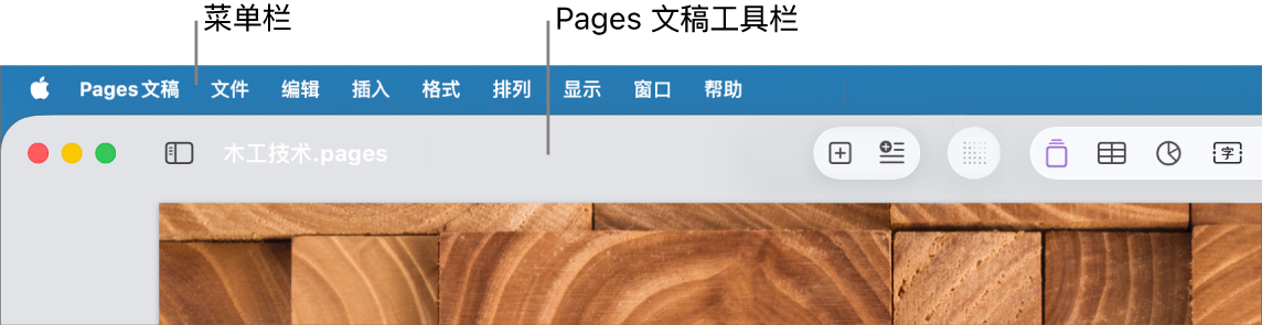 屏幕顶部的菜单栏包含苹果、“Pages 文稿”、“文件”、“编辑”、“插入”、“格式”、“排列”、“显示”、“窗口”和“帮助”菜单。菜单栏下方为打开的 Pages 文稿及工具栏按钮。