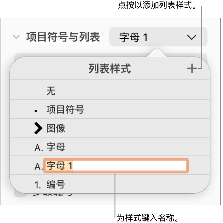 “列表样式”弹出式菜单,其中“添加”按钮位于右上角,占位符样式名称的文本被选中。