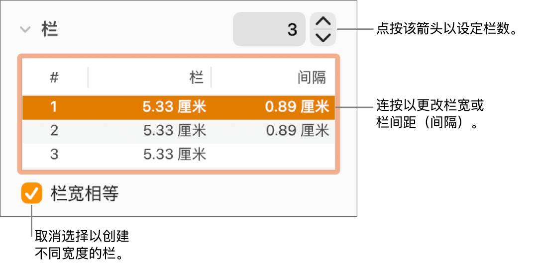 显示栏控制的“格式”检查器的“布局”面板。