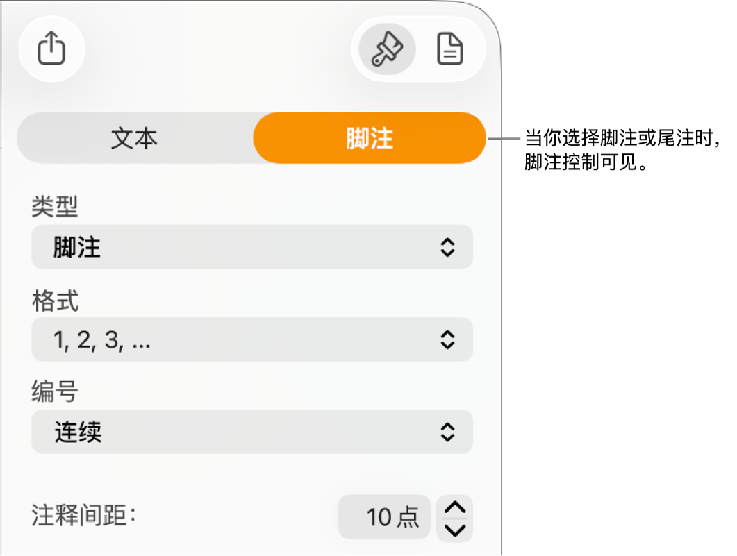 显示“类型”、“格式”、“编号”和“注释间距”等弹出式菜单的“脚注”面板。