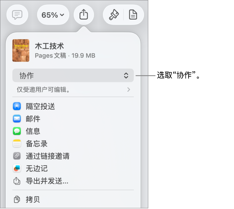 “共享”菜单，顶部已选中“协作”，下方是访问和权限设置。