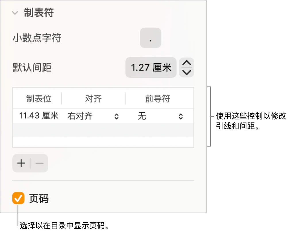 “格式”边栏的“制表符”部分。“默认间距”下方是包含“制表位”、“对齐”和“前导符”栏的表格。“页码”复选框已选中,显示在表格下方。