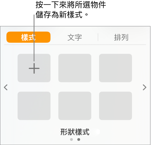 「格式」側邊欄的「樣式」分頁,左上角為「製作樣式」按鈕,另包括五個空白樣式暫存區。