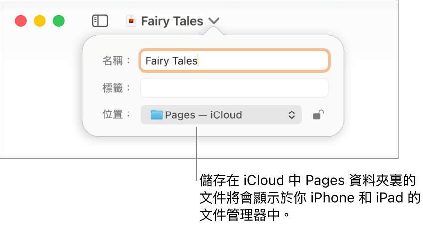 「位置」彈出式選單中帶有 Pages—iCloud 之文件的「儲存」對話框。