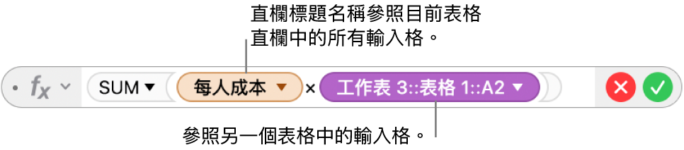 顯示公式的「公式編輯器」,其參照一個表格中的直欄與另一個表格中的輸入格。