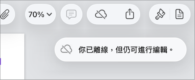 螢幕最上方的按鈕,其中「共同編輯」按鈕已變成被對角線劃過的雲朵圖像。螢幕上的警示顯示「你已離線,但仍可進行編輯。」