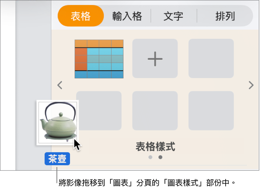 拖移影像至側邊欄中的圖表樣式部份以製作新樣式。