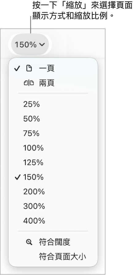 「縮放」彈出式選單,最上方顯示檢視一頁和兩頁的選項,下方顯示 25% 到 400% 的百分比,底部則為「符合闊度」和「符合頁面大小」選項。