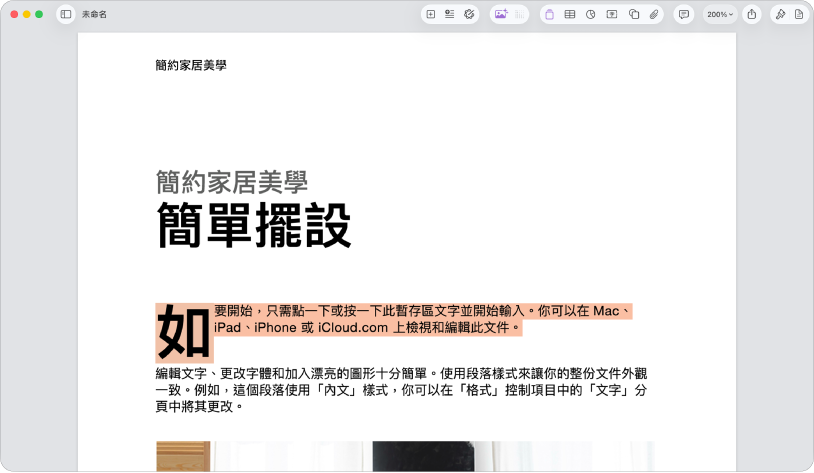 在開啟的文件中,範本暫存區文字已被選取。
