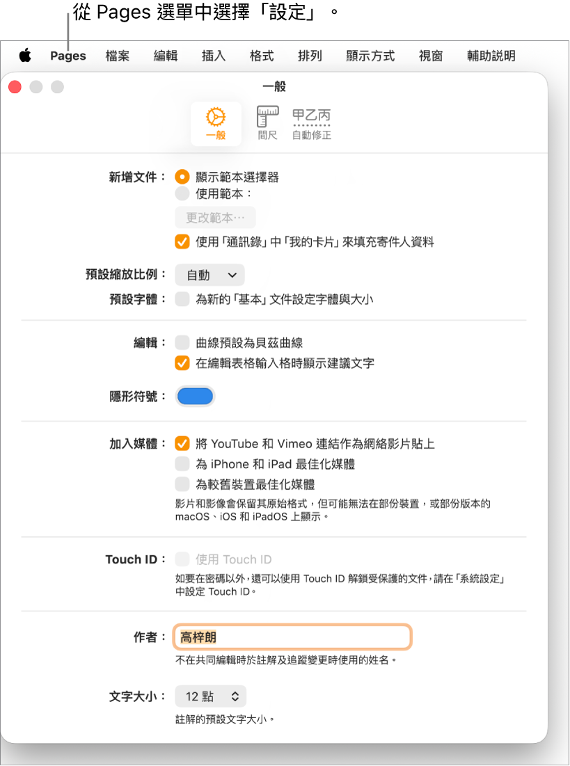 已開啟 Pages「設定」面板的「一般」分頁。