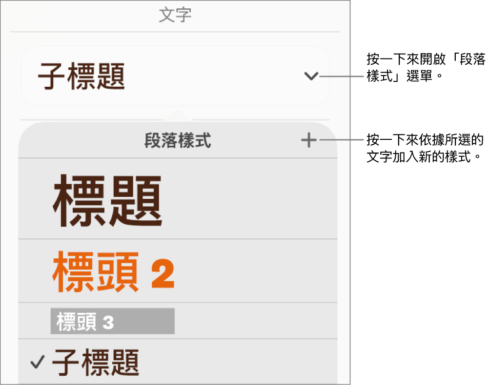 「段落樣式」選單,其中顯示加入或更改樣式的控制項目。