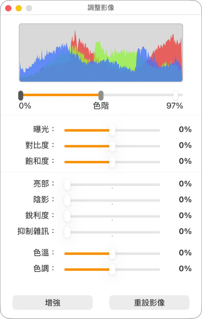 具有設定曝光度、對比度、飽和度、亮部、陰影、銳利度、抑制雜訊、色溫及色調滑桿的「調整影像」視窗。