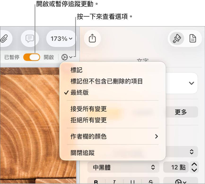 追蹤選項選單,顯示底部的「關閉追蹤」,説明文字指向「開啟追蹤」和「暫停」按鈕。