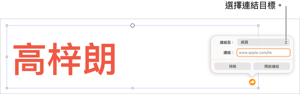 連結編輯器控制項目,其中已選取「網頁」,而「移除」和「開啟連結」按鈕則位於底部。