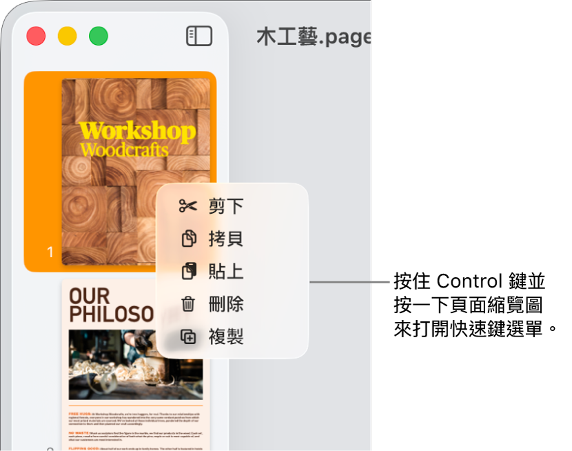 「頁面縮覽圖」顯示方式,已選取一個縮覽圖和開啟快速鍵選單。