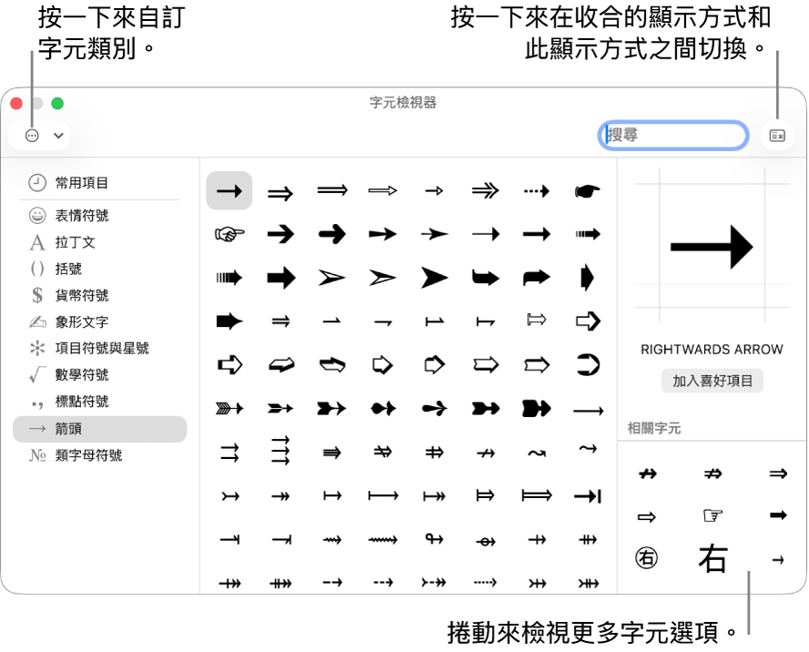 展開後的「字元檢視器」會顯示特殊字元和符號,左側有不同符號類別的選單,右上角有一個按鈕可以返回到收合的顯示方式。