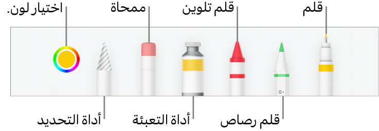شريط أدوات الرسم في Numbers على iPhone وبه قلم وقلم رصاص وقلم تلوين وأداة تعبئة وممحاة وأداة تحديد وعلبة ألوان تعرض اللون الحالي.