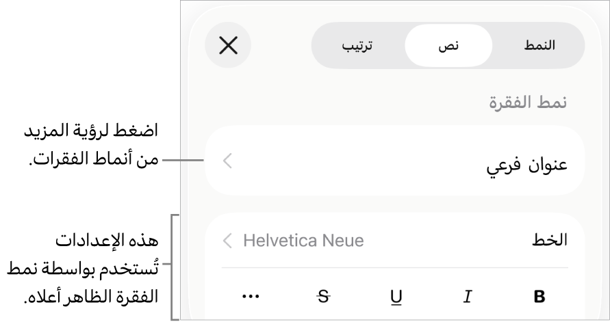 القائمة تنسيق تعرض عناصر التحكم في النص لإعداد أنماط الأحرف والفقرات والخط والحجم واللون.